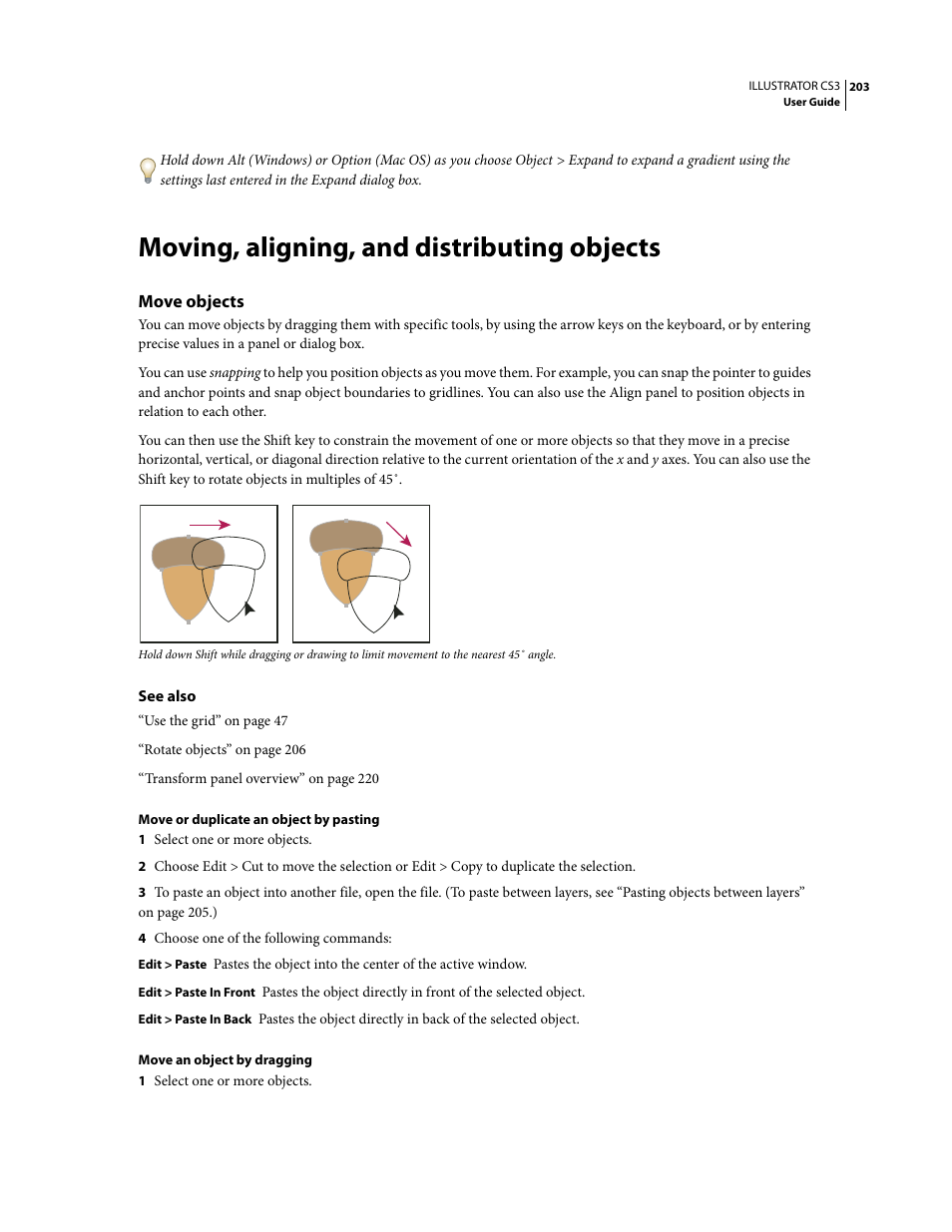 Moving, aligning, and distributing objects, Move objects | Adobe Illustrator CS3 User Manual | Page 209 / 495