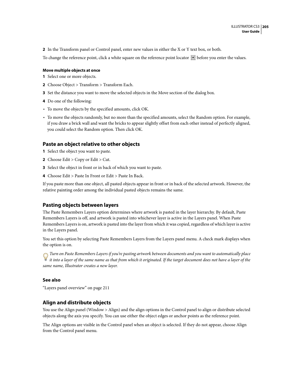Paste an object relative to other objects, Pasting objects between layers, Align and distribute objects | E “pasting objects between layers | Adobe Illustrator CS3 User Manual | Page 211 / 495
