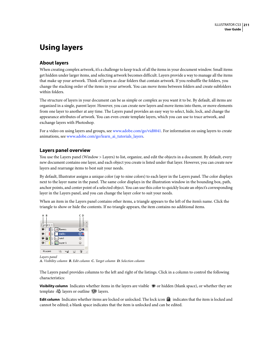 Using layers, About layers, Layers panel overview | Adobe Illustrator CS3 User Manual | Page 217 / 495