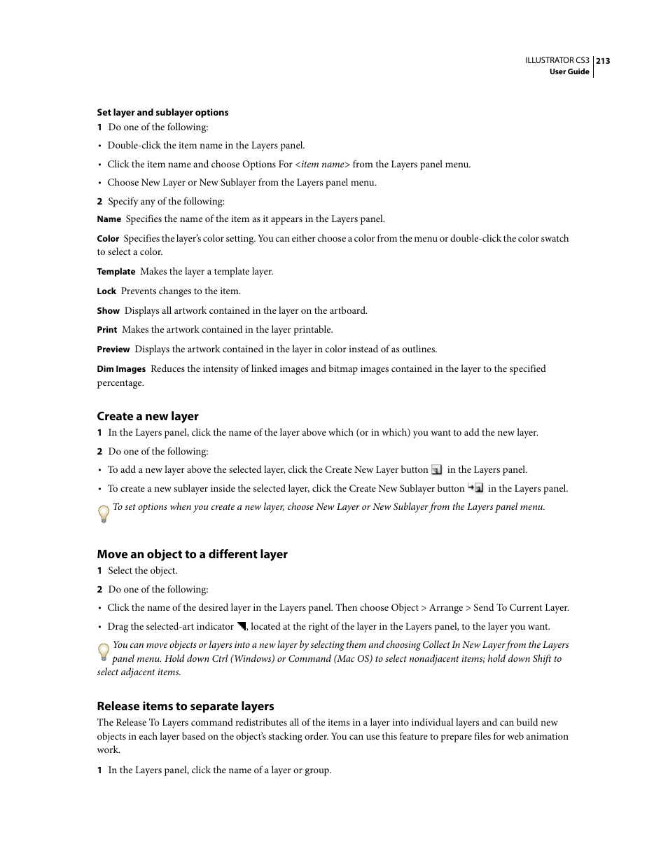 Create a new layer, Move an object to a different layer, Release items to separate layers | Adobe Illustrator CS3 User Manual | Page 219 / 495