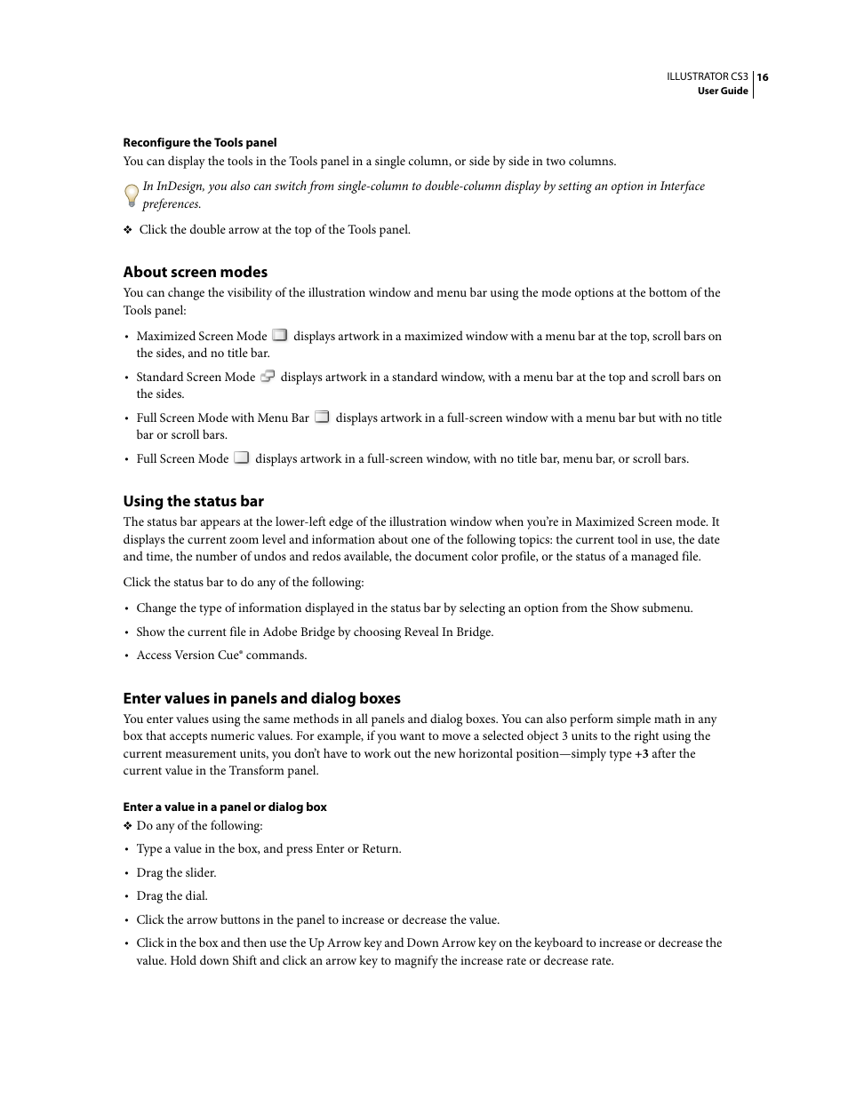 About screen modes, Using the status bar, Enter values in panels and dialog boxes | Adobe Illustrator CS3 User Manual | Page 22 / 495