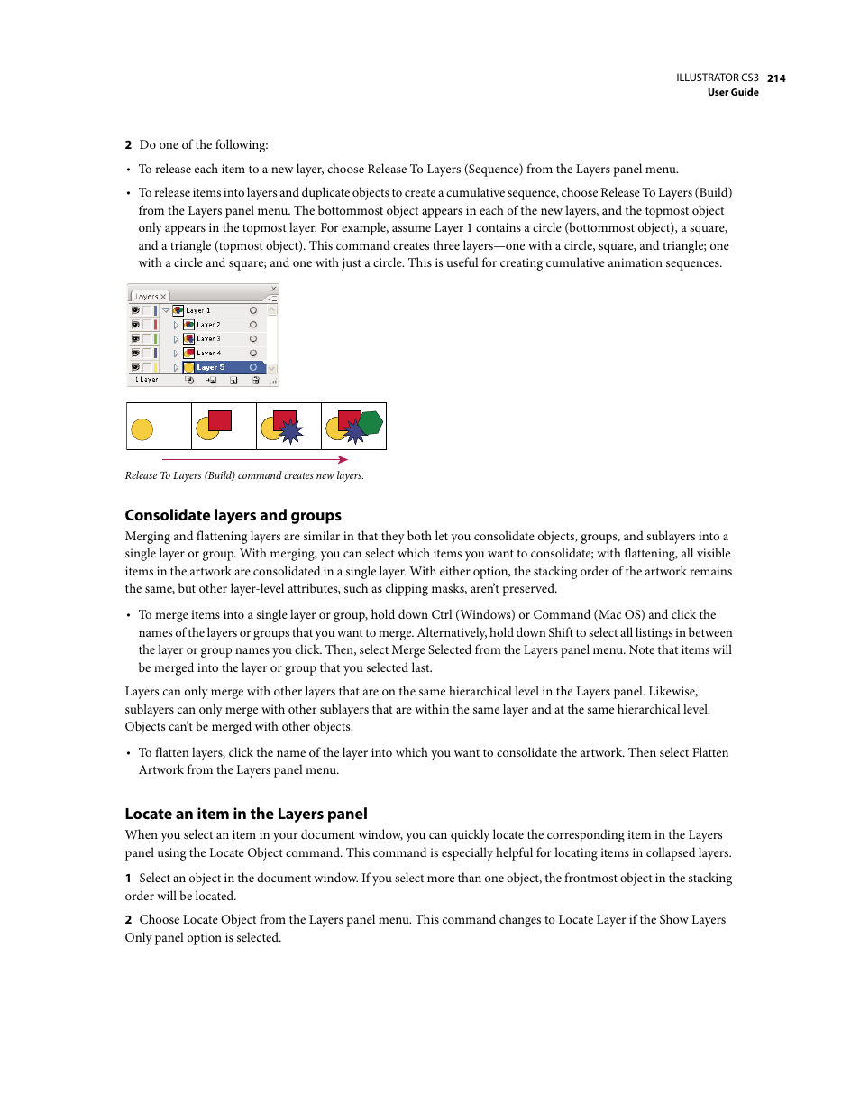 Consolidate layers and groups, Locate an item in the layers panel | Adobe Illustrator CS3 User Manual | Page 220 / 495