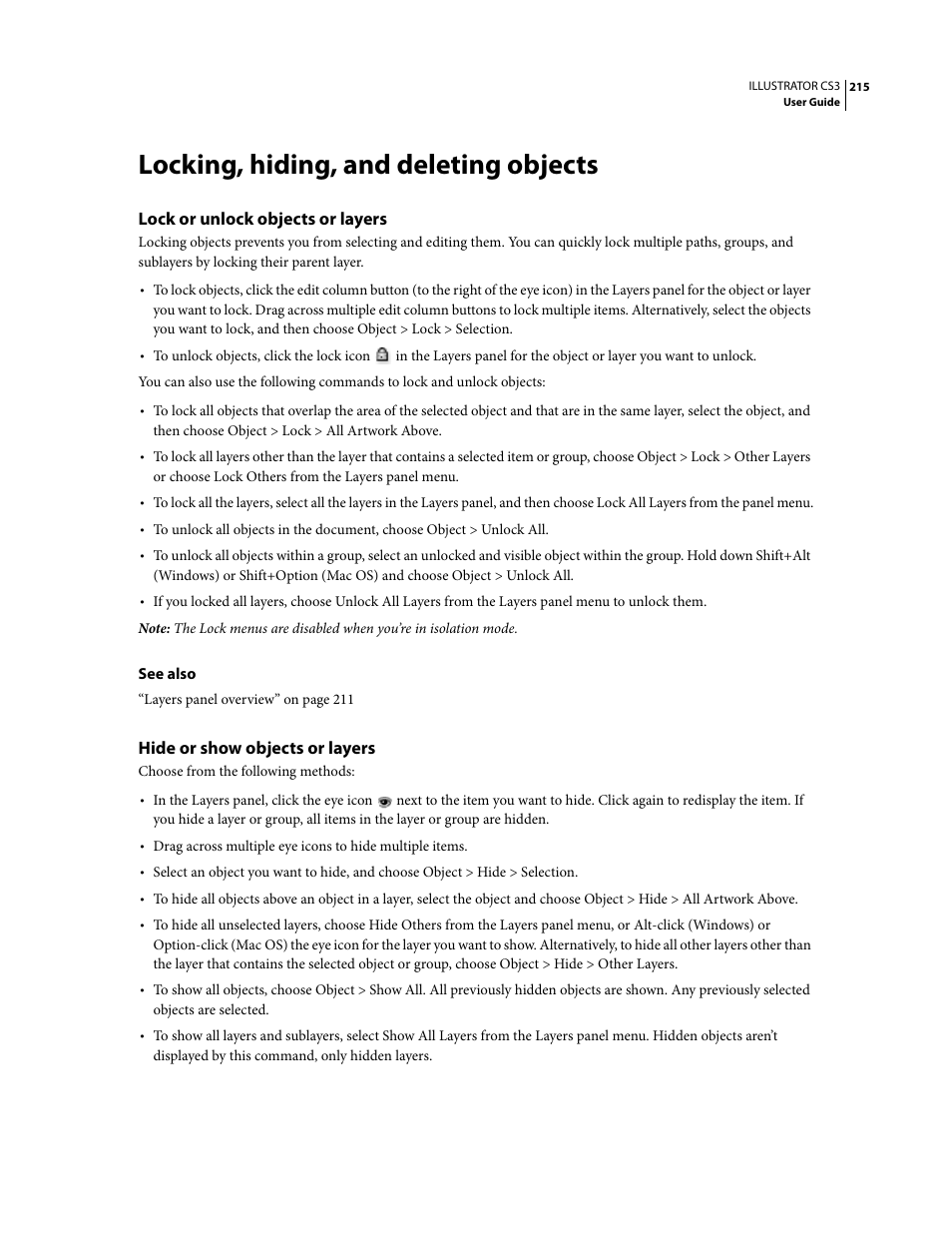 Locking, hiding, and deleting objects, Lock or unlock objects or layers, Hide or show objects or layers | Adobe Illustrator CS3 User Manual | Page 221 / 495