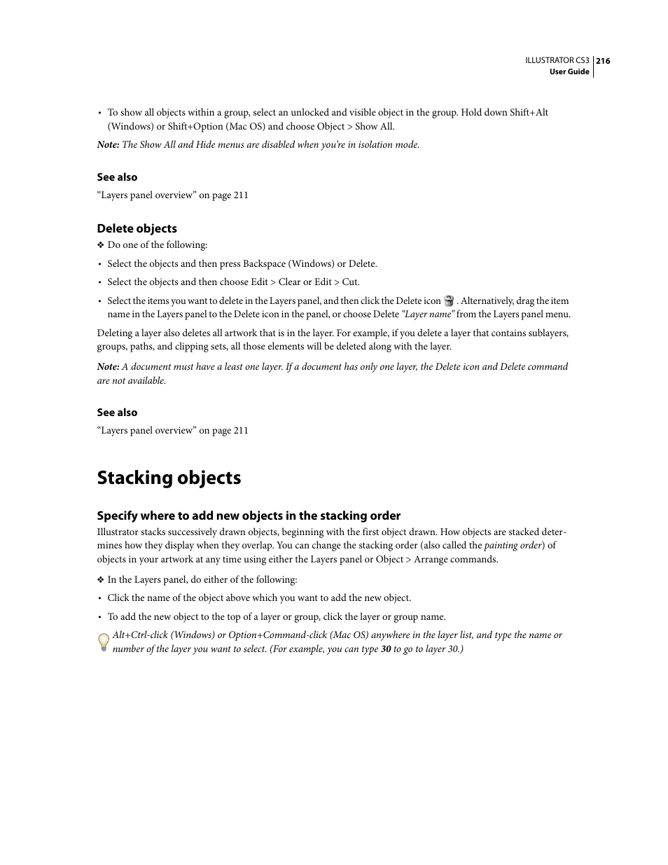 Delete objects, Stacking objects | Adobe Illustrator CS3 User Manual | Page 222 / 495