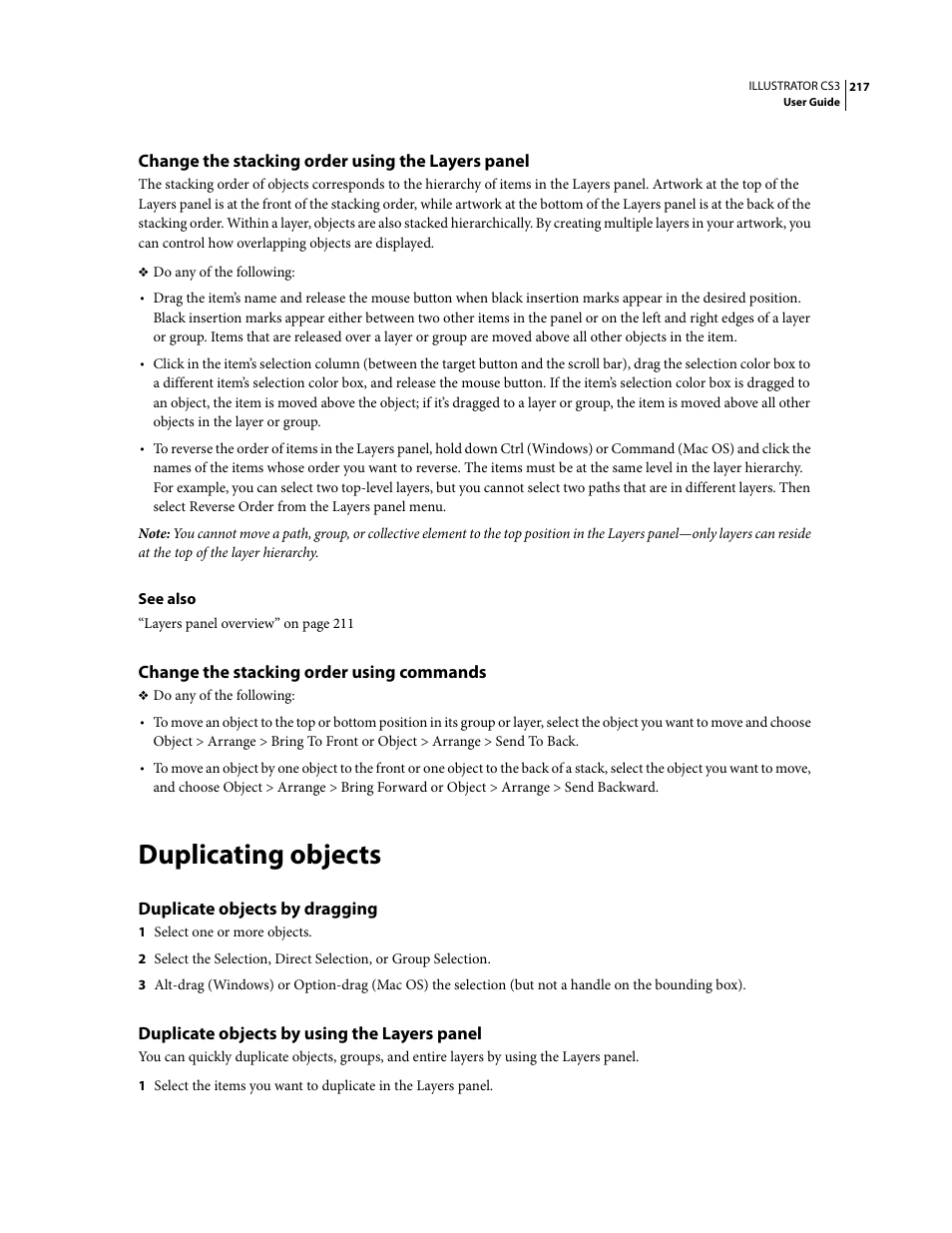 Change the stacking order using the layers panel, Change the stacking order using commands, Duplicating objects | Duplicate objects by dragging, Duplicate objects by using the layers panel | Adobe Illustrator CS3 User Manual | Page 223 / 495