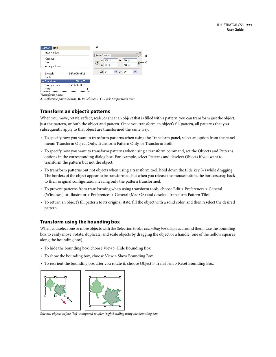 Transform an object’s patterns, Transform using the bounding box | Adobe Illustrator CS3 User Manual | Page 227 / 495