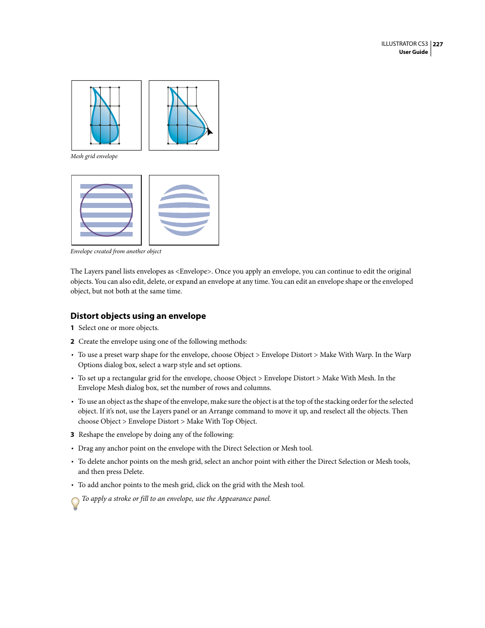 Distort objects using an envelope | Adobe Illustrator CS3 User Manual | Page 233 / 495