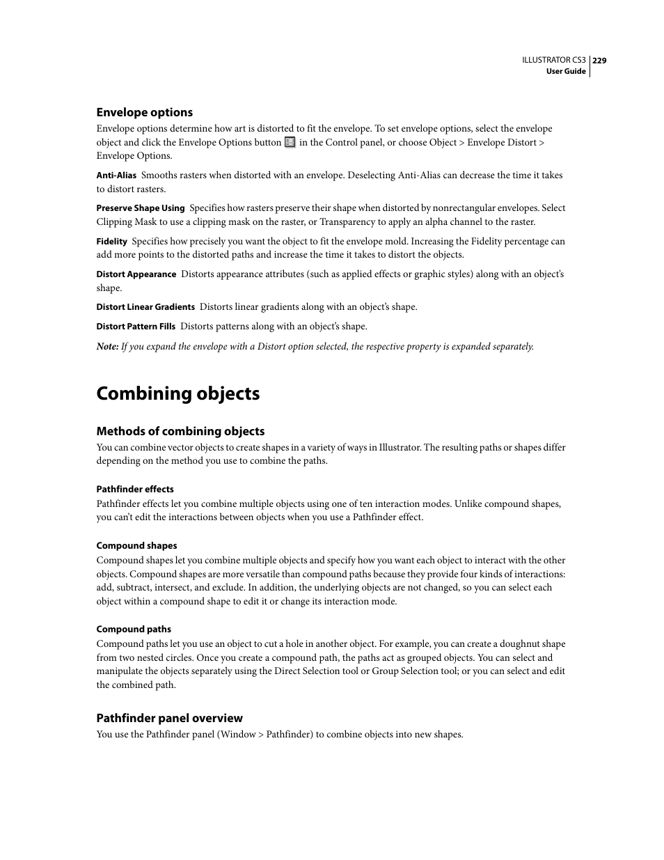 Envelope options, Combining objects, Methods of combining objects | Pathfinder panel overview | Adobe Illustrator CS3 User Manual | Page 235 / 495