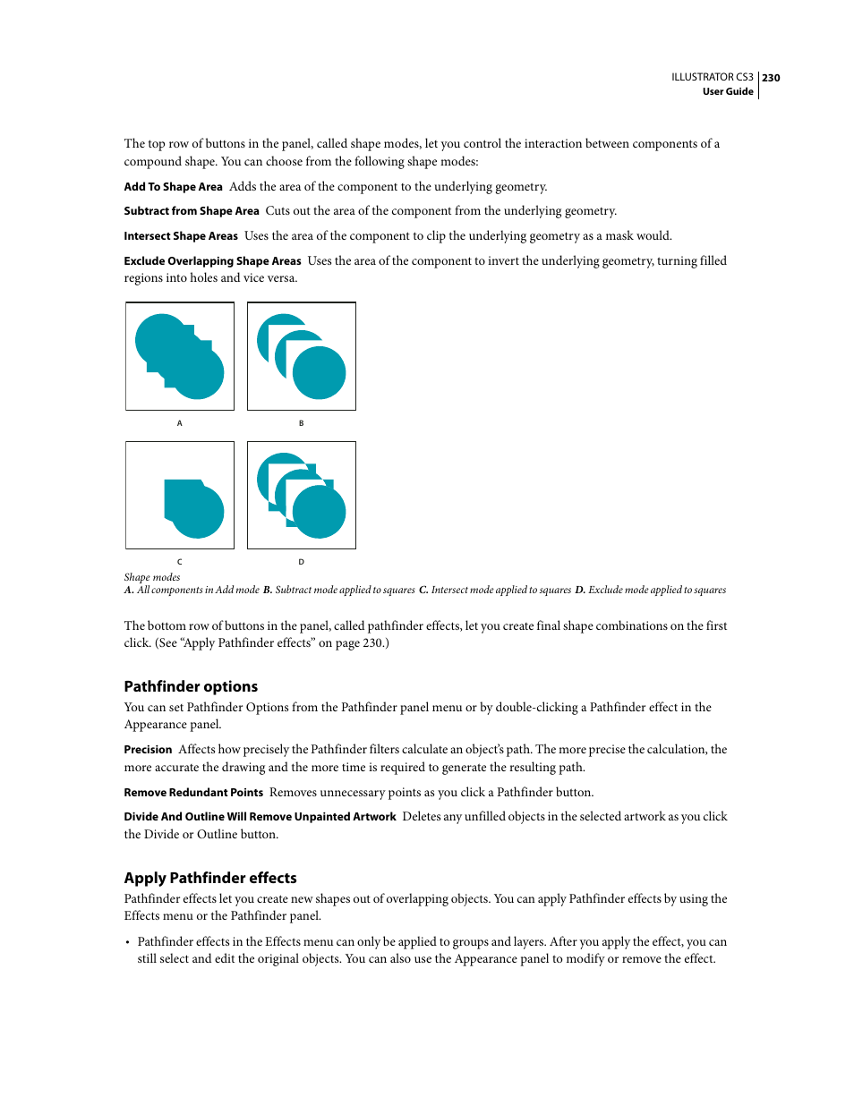 Pathfinder options, Apply pathfinder effects | Adobe Illustrator CS3 User Manual | Page 236 / 495
