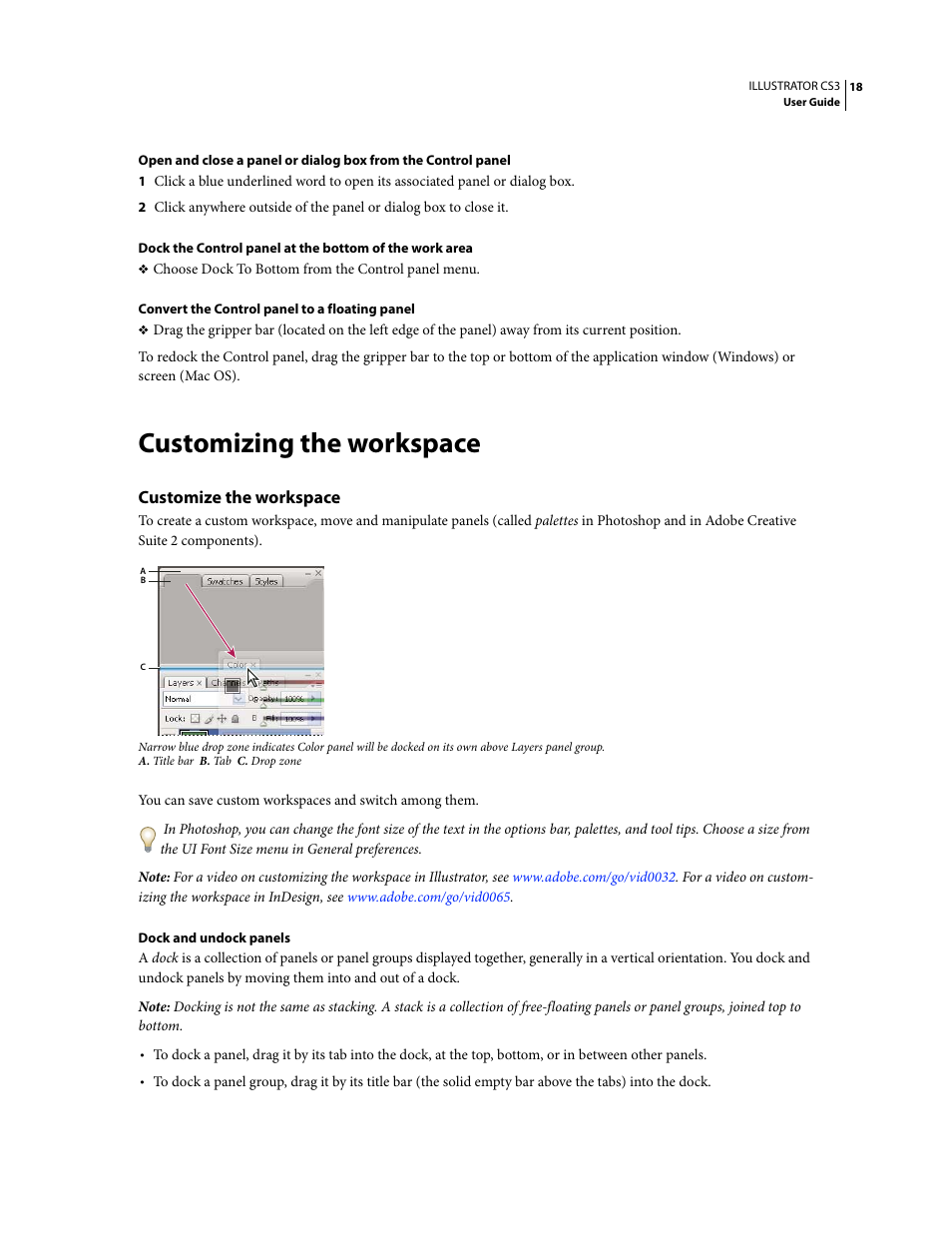 Customizing the workspace, Customize the workspace | Adobe Illustrator CS3 User Manual | Page 24 / 495