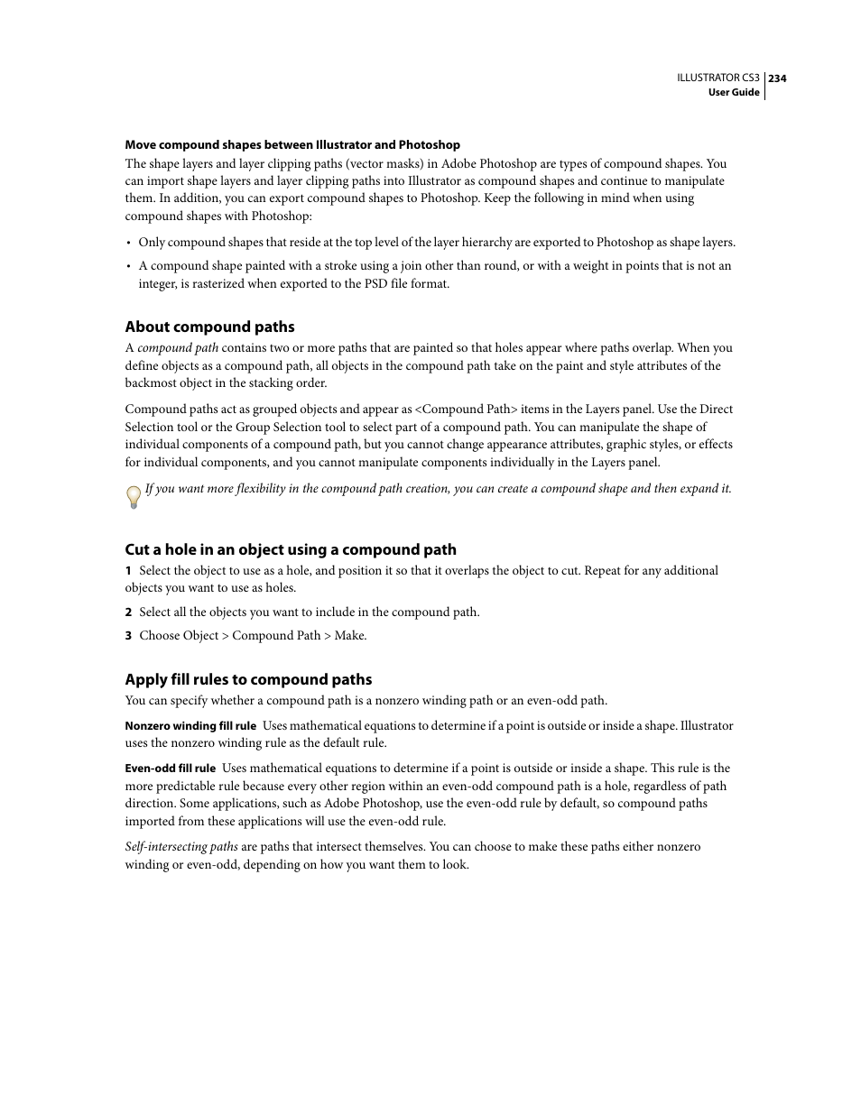 About compound paths, Cut a hole in an object using a compound path, Apply fill rules to compound paths | Adobe Illustrator CS3 User Manual | Page 240 / 495