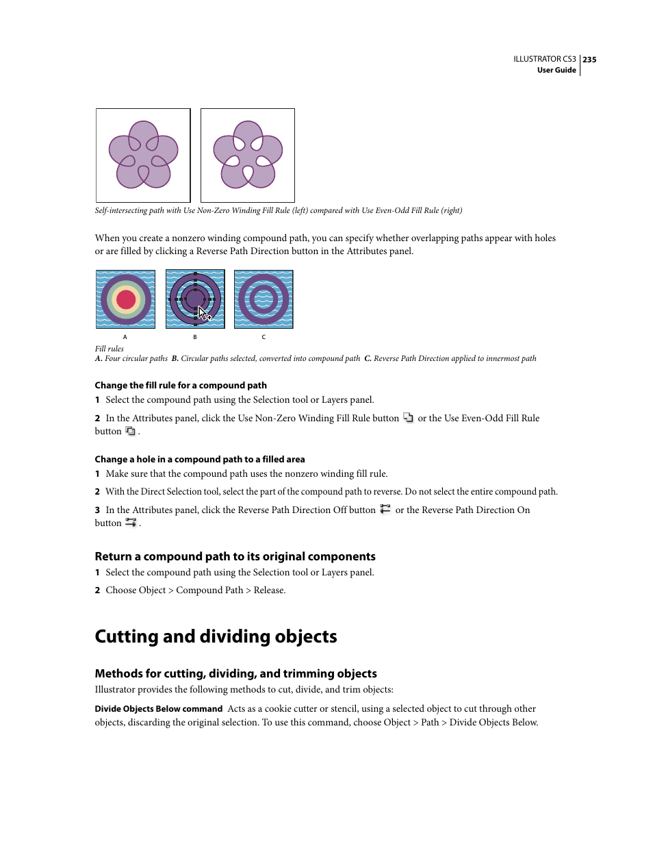 Return a compound path to its original components, Cutting and dividing objects | Adobe Illustrator CS3 User Manual | Page 241 / 495