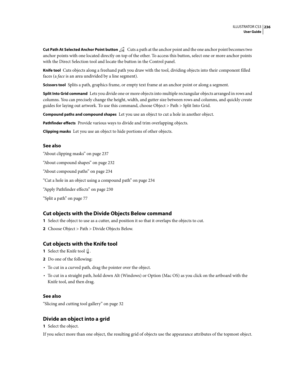 Cut objects with the divide objects below command, Cut objects with the knife tool, Divide an object into a grid | Adobe Illustrator CS3 User Manual | Page 242 / 495