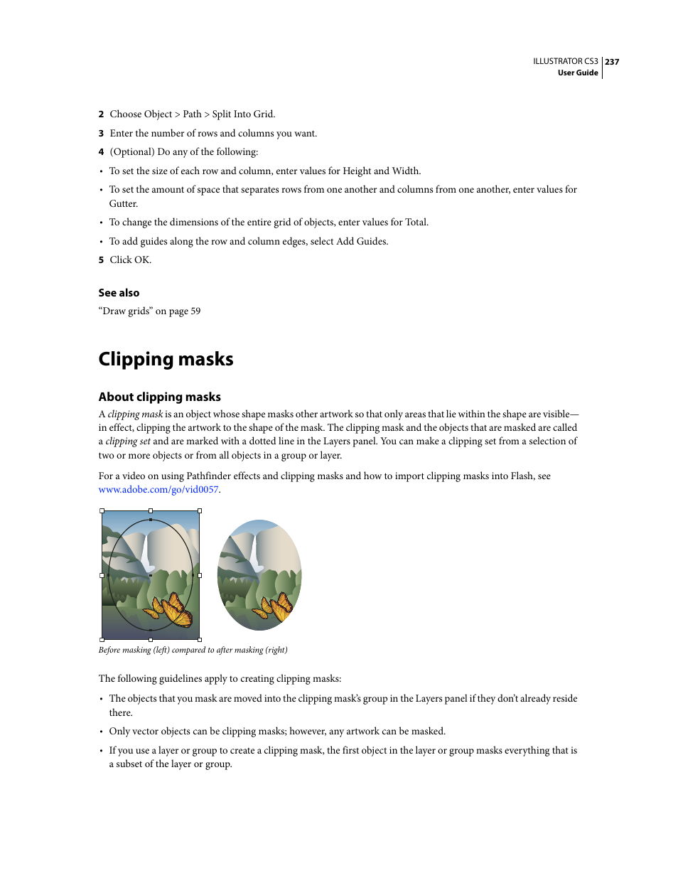 Clipping masks, About clipping masks | Adobe Illustrator CS3 User Manual | Page 243 / 495