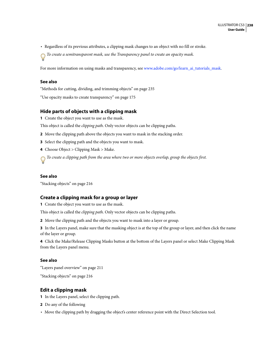Hide parts of objects with a clipping mask, Create a clipping mask for a group or layer, Edit a clipping mask | Adobe Illustrator CS3 User Manual | Page 244 / 495