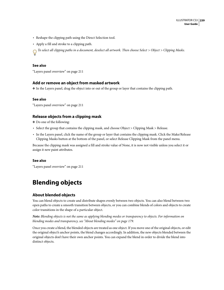 Add or remove an object from masked artwork, Release objects from a clipping mask, Blending objects | About blended objects | Adobe Illustrator CS3 User Manual | Page 245 / 495