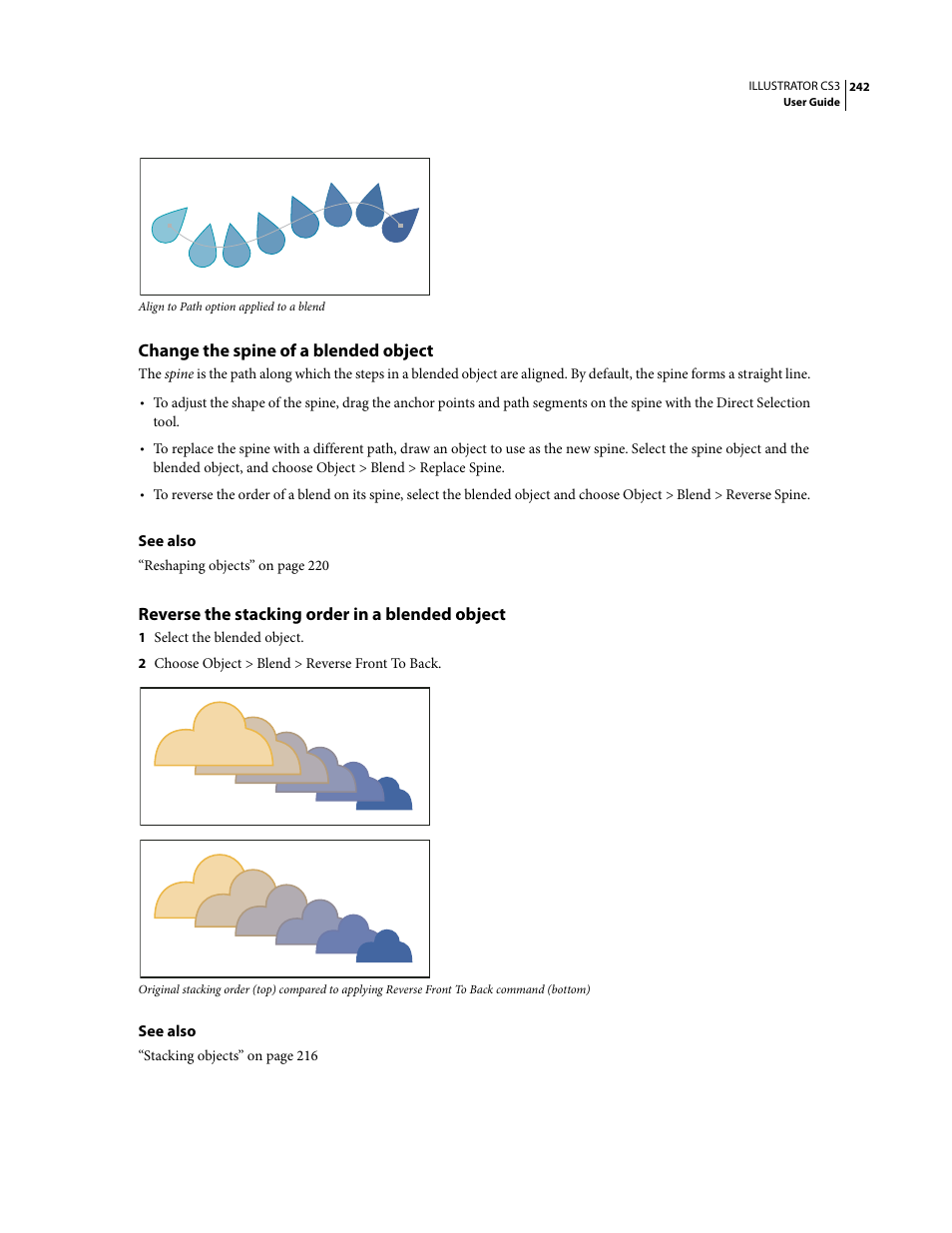 Change the spine of a blended object, Reverse the stacking order in a blended object | Adobe Illustrator CS3 User Manual | Page 248 / 495