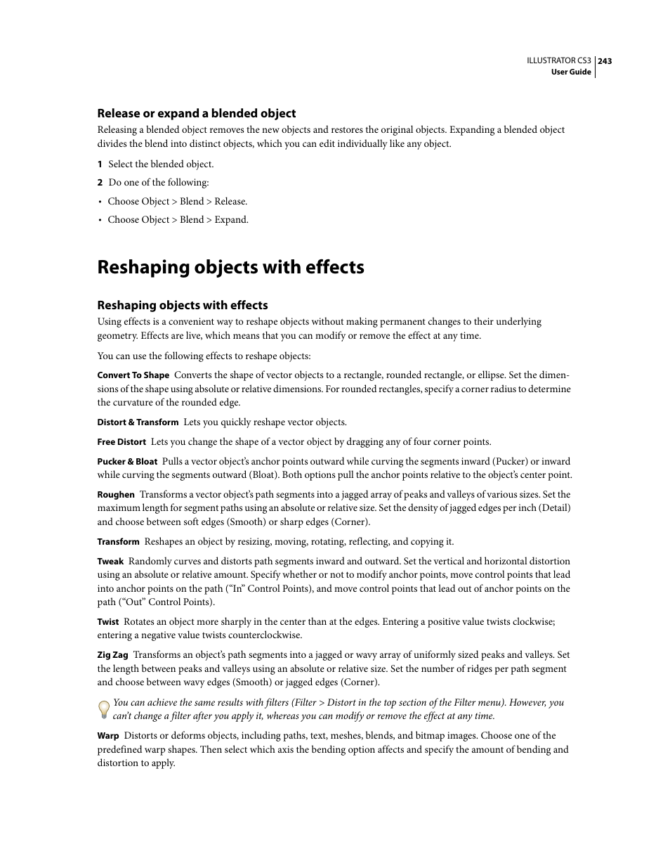 Release or expand a blended object, Reshaping objects with effects | Adobe Illustrator CS3 User Manual | Page 249 / 495