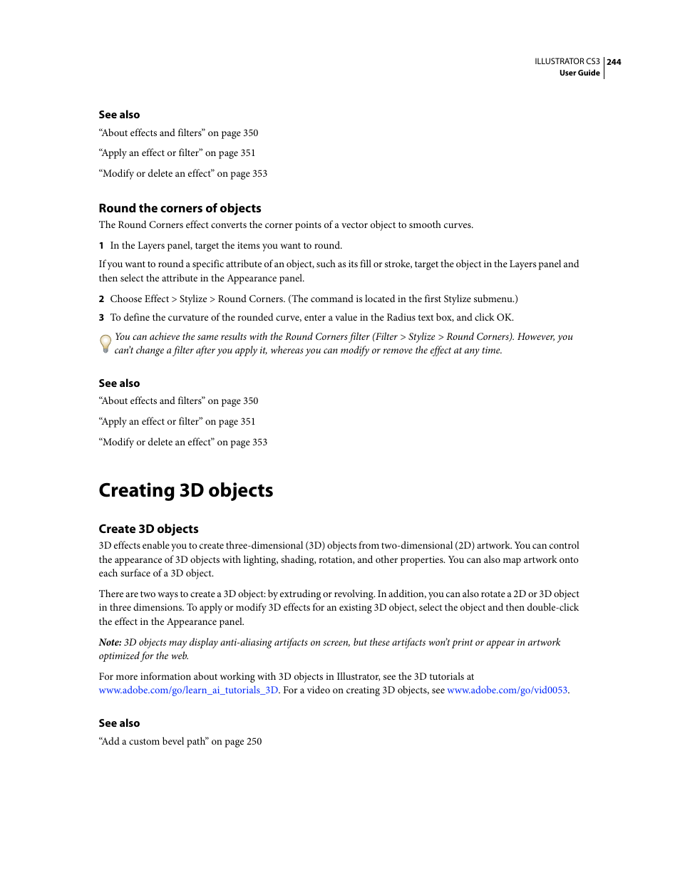 Round the corners of objects, Creating 3d objects, Create 3d objects | Adobe Illustrator CS3 User Manual | Page 250 / 495