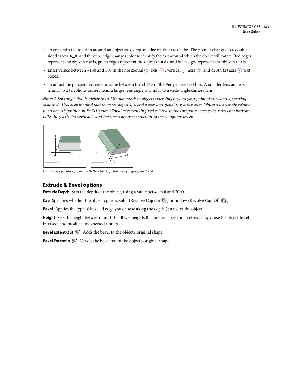 Extrude & bevel options, Extrude | Adobe Illustrator CS3 User Manual | Page 253 / 495