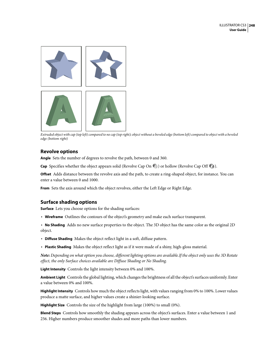 Revolve options, Surface shading options, Ee “revolve | Adobe Illustrator CS3 User Manual | Page 254 / 495
