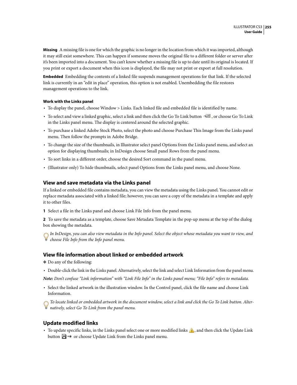 View and save metadata via the links panel, Update modified links | Adobe Illustrator CS3 User Manual | Page 261 / 495