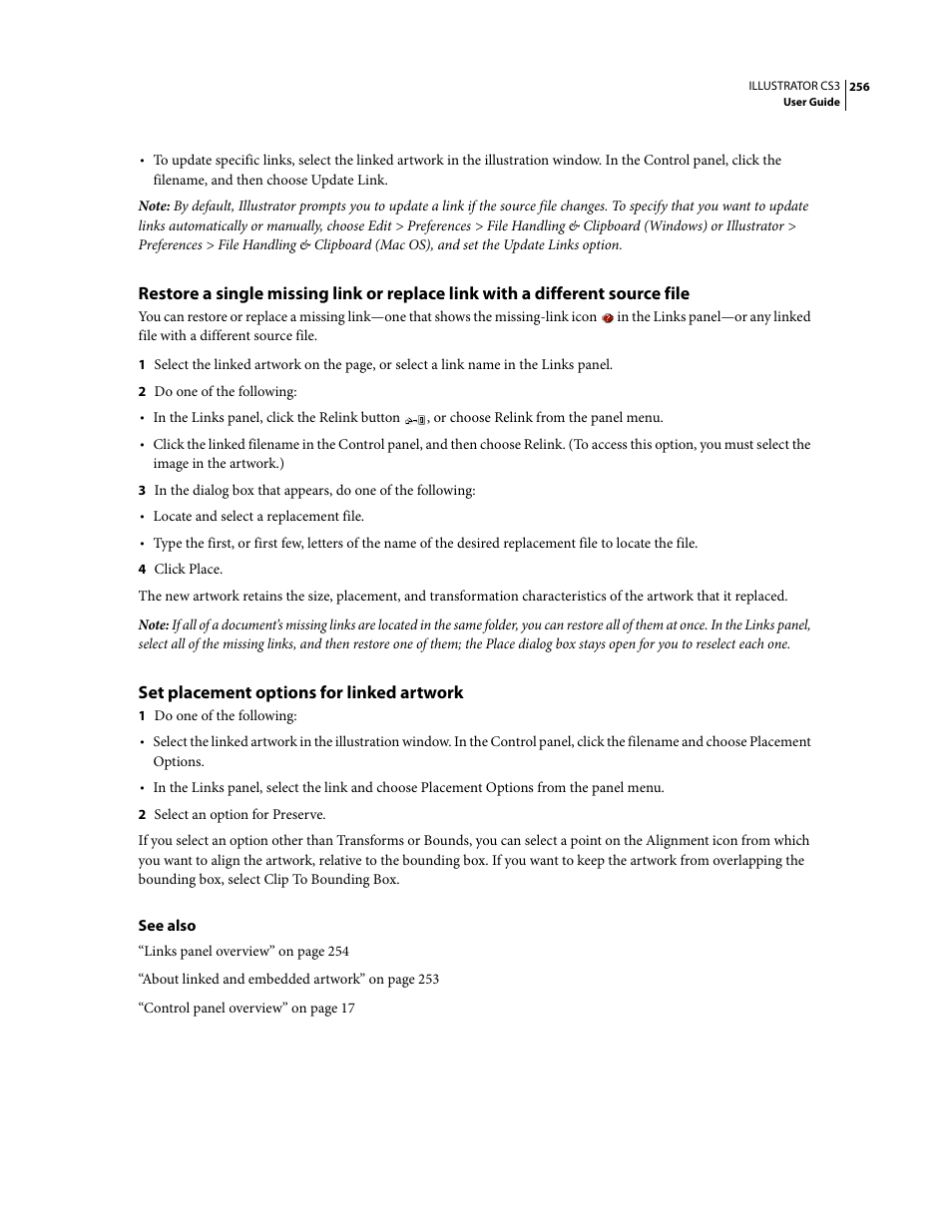 Set placement options for linked artwork | Adobe Illustrator CS3 User Manual | Page 262 / 495