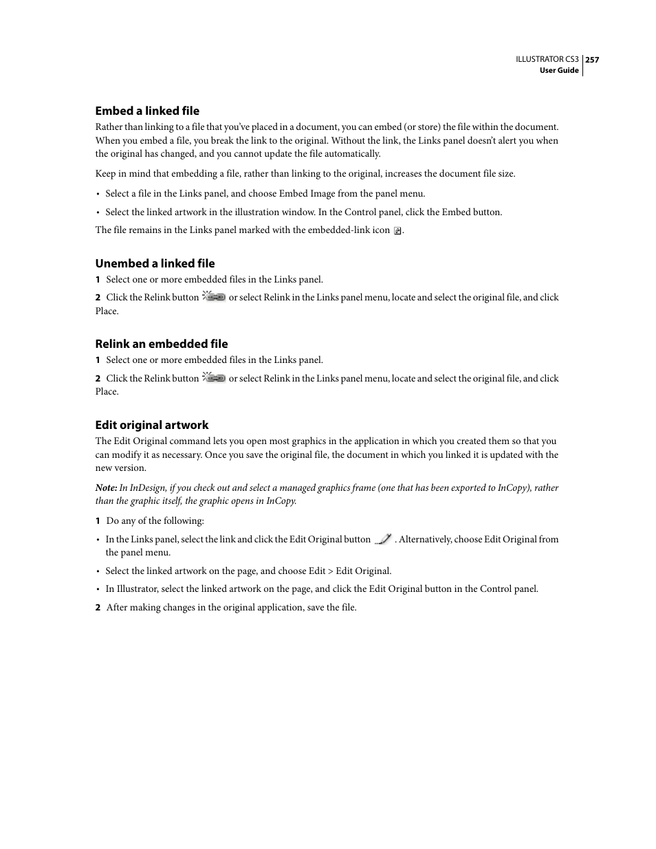 Embed a linked file, Unembed a linked file, Relink an embedded file | Edit original artwork | Adobe Illustrator CS3 User Manual | Page 263 / 495