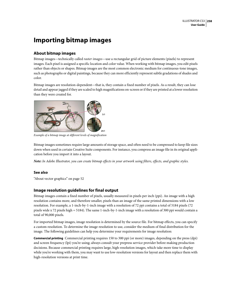 Importing bitmap images, About bitmap images, Image resolution guidelines for final output | Adobe Illustrator CS3 User Manual | Page 264 / 495
