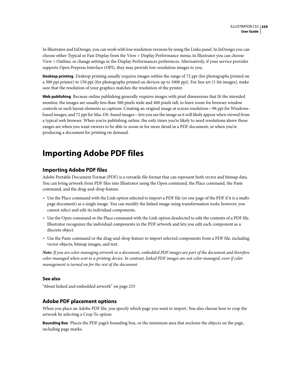 Importing adobe pdf files, Adobe pdf placement options | Adobe Illustrator CS3 User Manual | Page 265 / 495