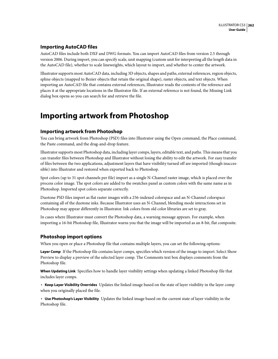 Importing autocad files, Importing artwork from photoshop, Photoshop import options | Adobe Illustrator CS3 User Manual | Page 268 / 495