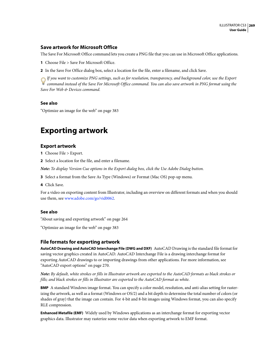 Save artwork for microsoft office, Exporting artwork, Export artwork | File formats for exporting artwork | Adobe Illustrator CS3 User Manual | Page 275 / 495