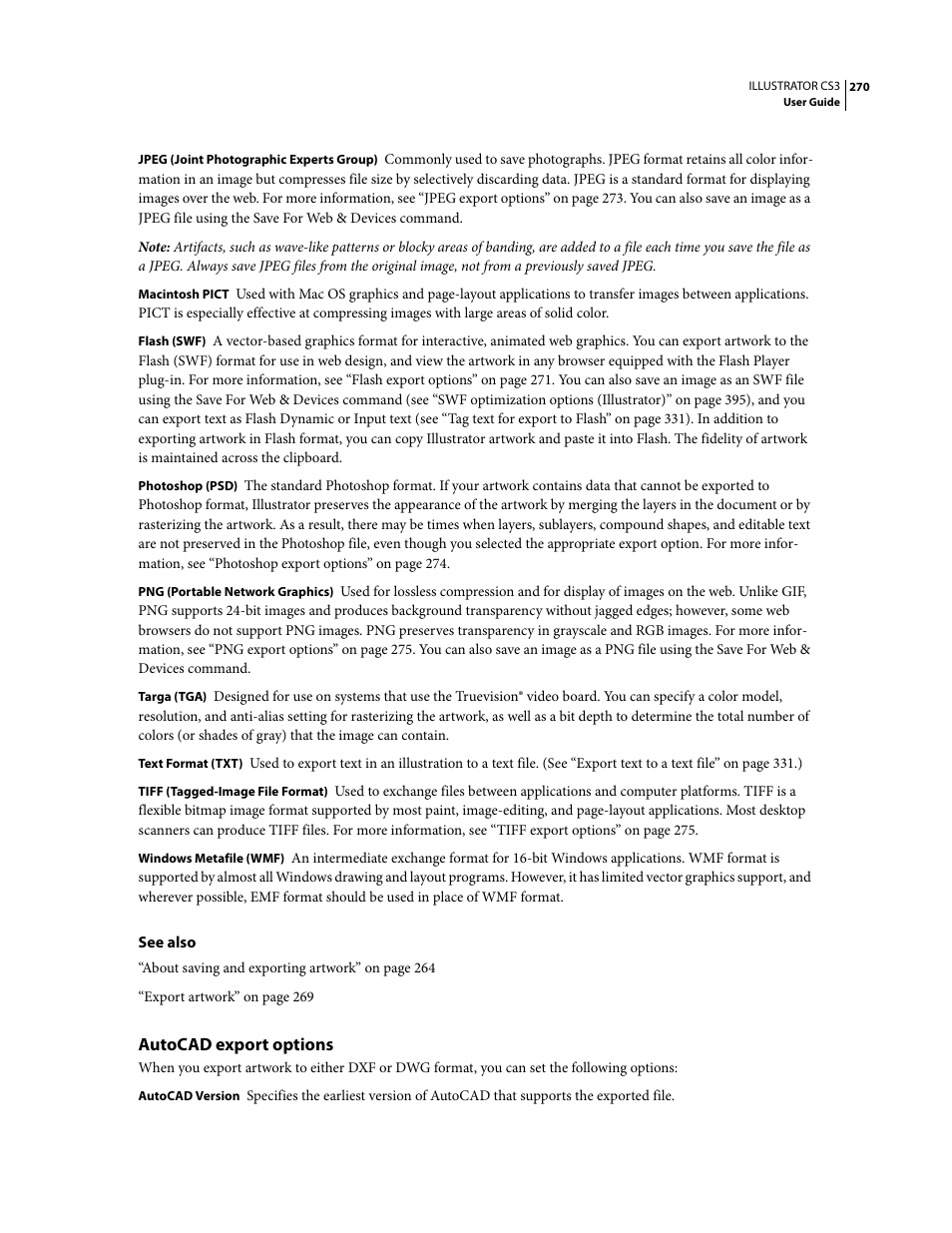 Autocad export options | Adobe Illustrator CS3 User Manual | Page 276 / 495