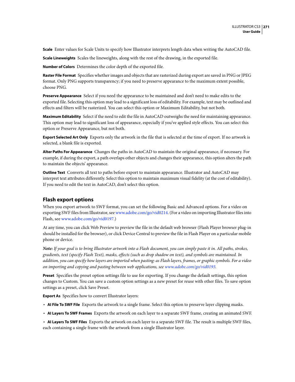 Flash export options | Adobe Illustrator CS3 User Manual | Page 277 / 495