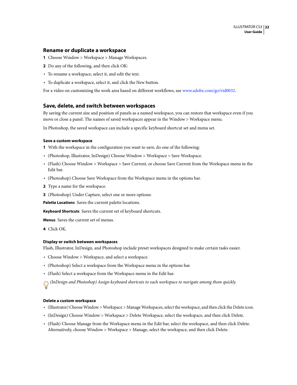 Rename or duplicate a workspace, Save, delete, and switch between workspaces | Adobe Illustrator CS3 User Manual | Page 28 / 495