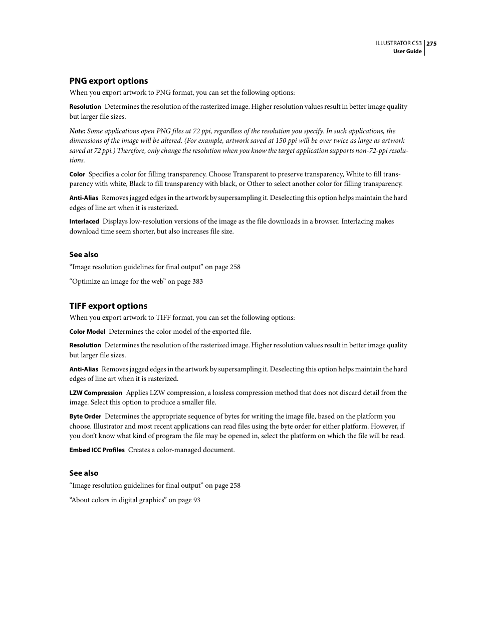 Png export options, Tiff export options | Adobe Illustrator CS3 User Manual | Page 281 / 495