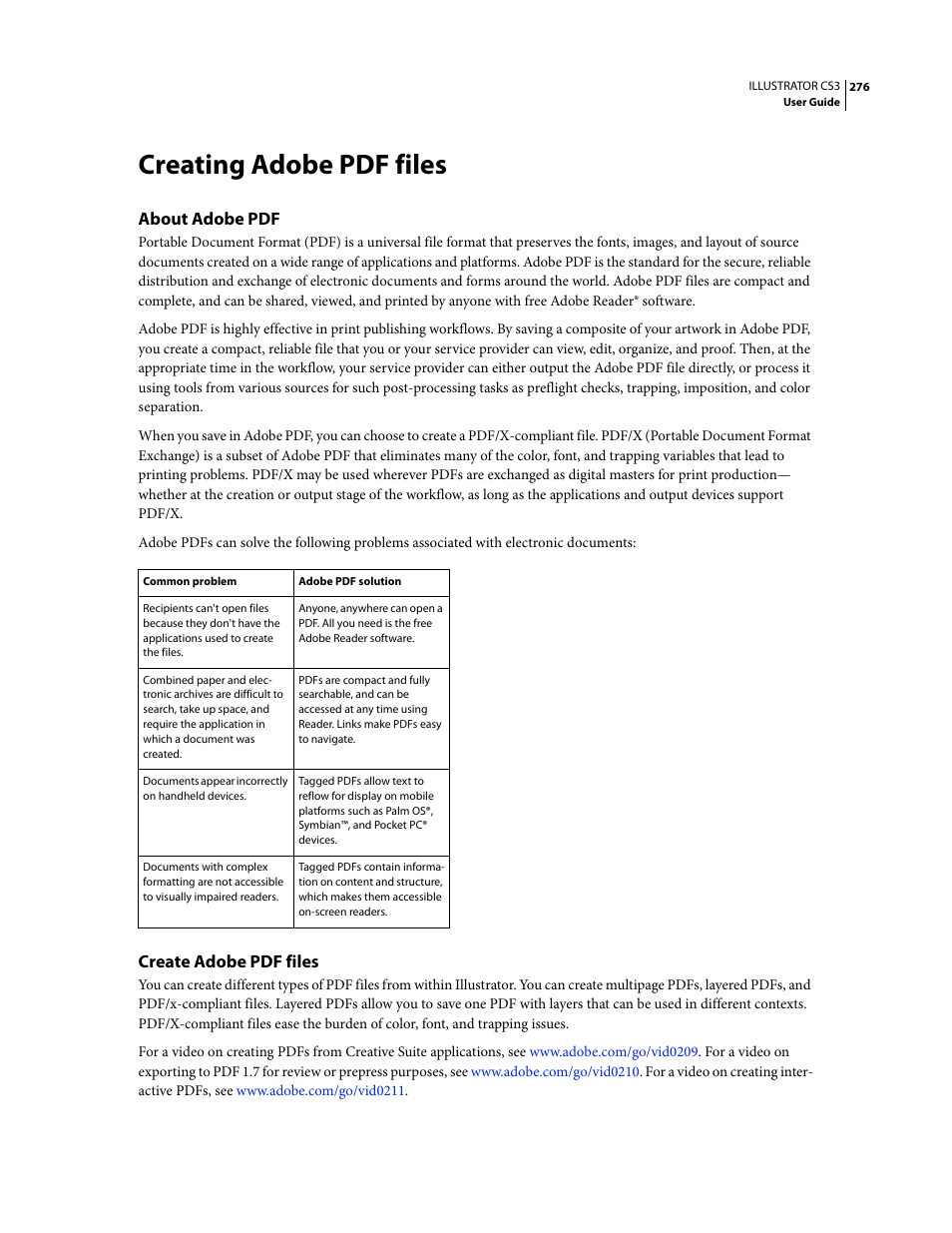 Creating adobe pdf files, About adobe pdf, Create adobe pdf files | Adobe Illustrator CS3 User Manual | Page 282 / 495