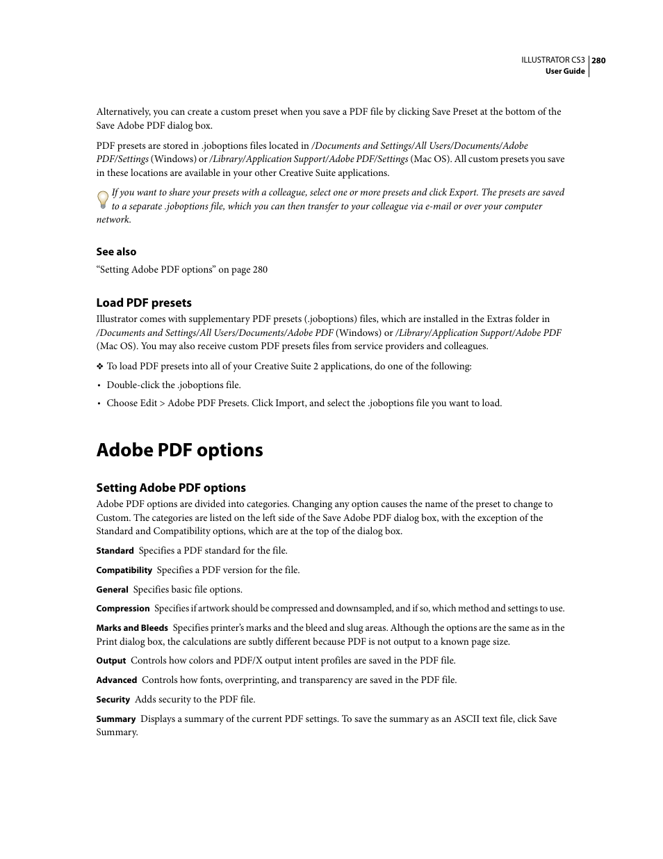 Load pdf presets, Adobe pdf options, Setting adobe pdf options | Adobe Illustrator CS3 User Manual | Page 286 / 495