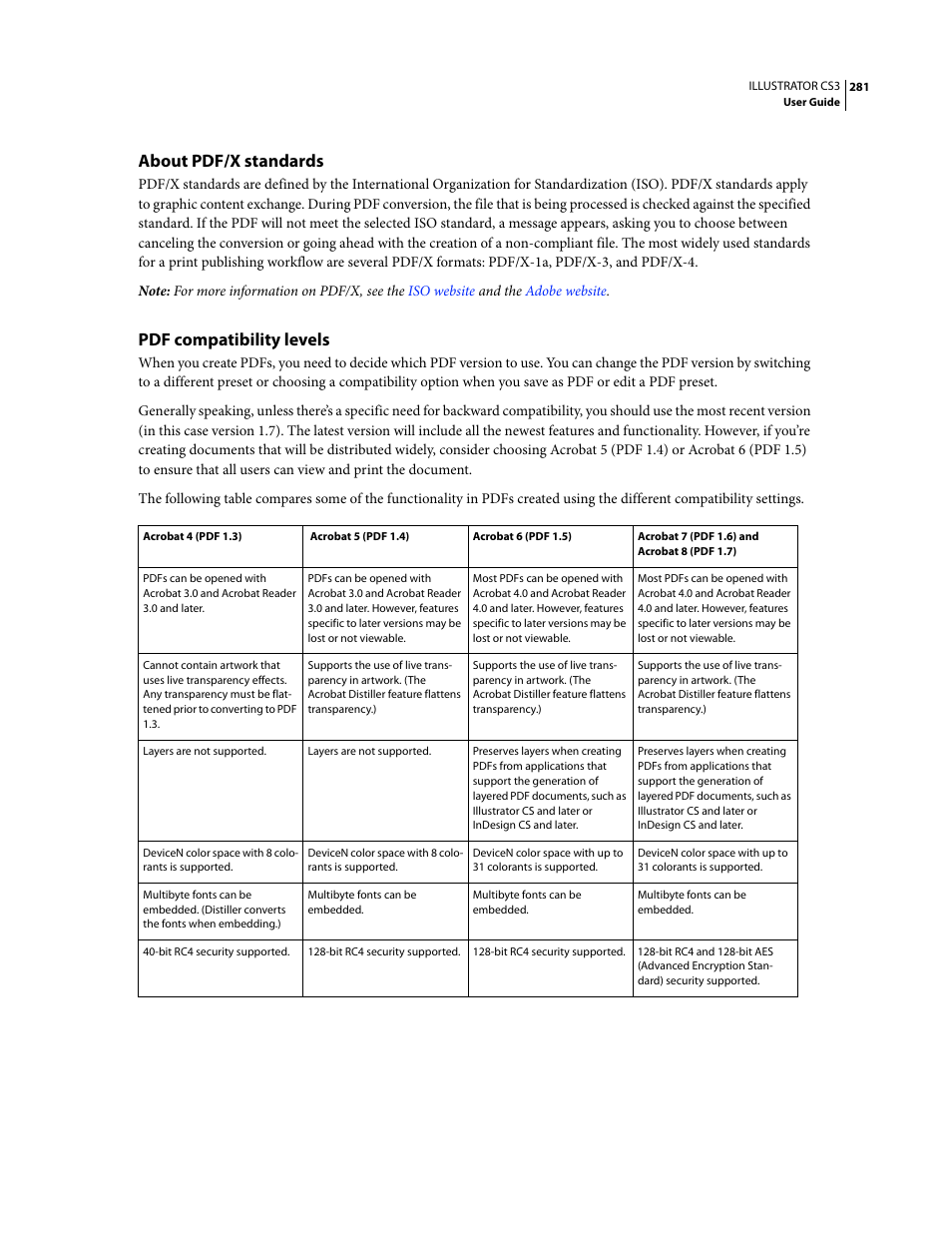 About pdf/x standards, Pdf compatibility levels | Adobe Illustrator CS3 User Manual | Page 287 / 495