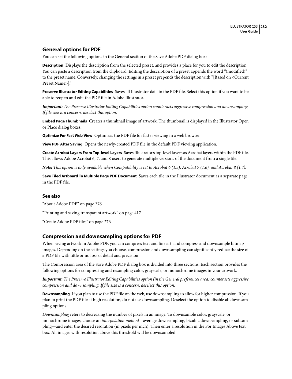 General options for pdf, Compression and downsampling options for pdf | Adobe Illustrator CS3 User Manual | Page 288 / 495