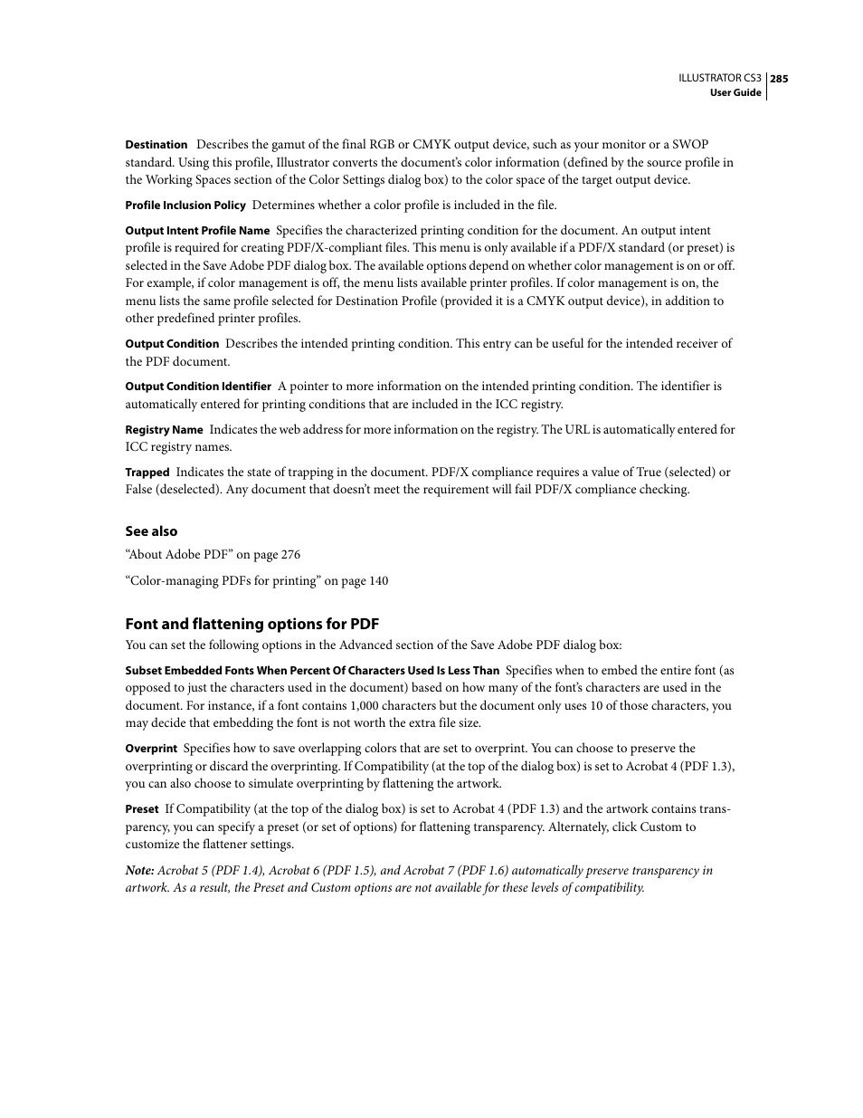 Font and flattening options for pdf | Adobe Illustrator CS3 User Manual | Page 291 / 495