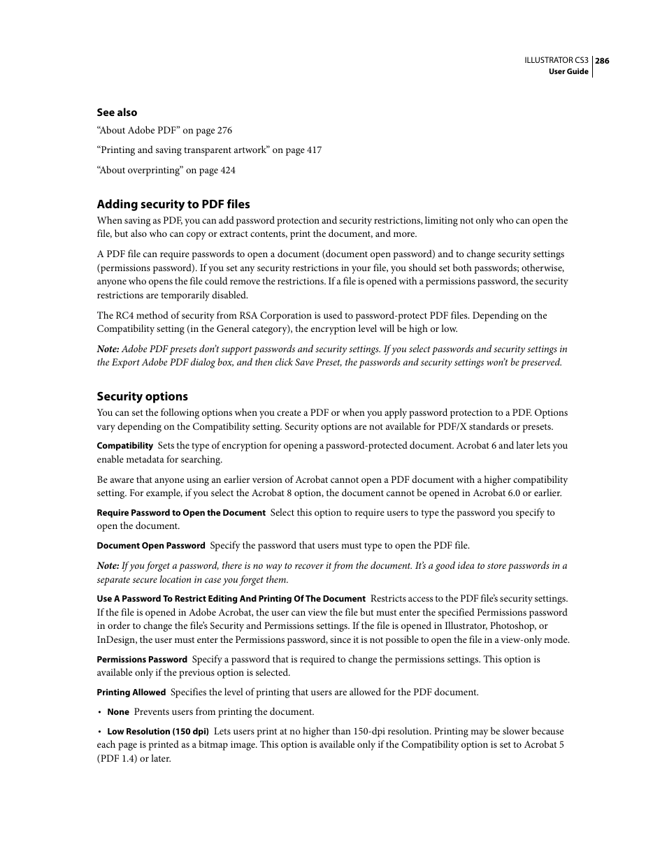 Adding security to pdf files, Security options | Adobe Illustrator CS3 User Manual | Page 292 / 495