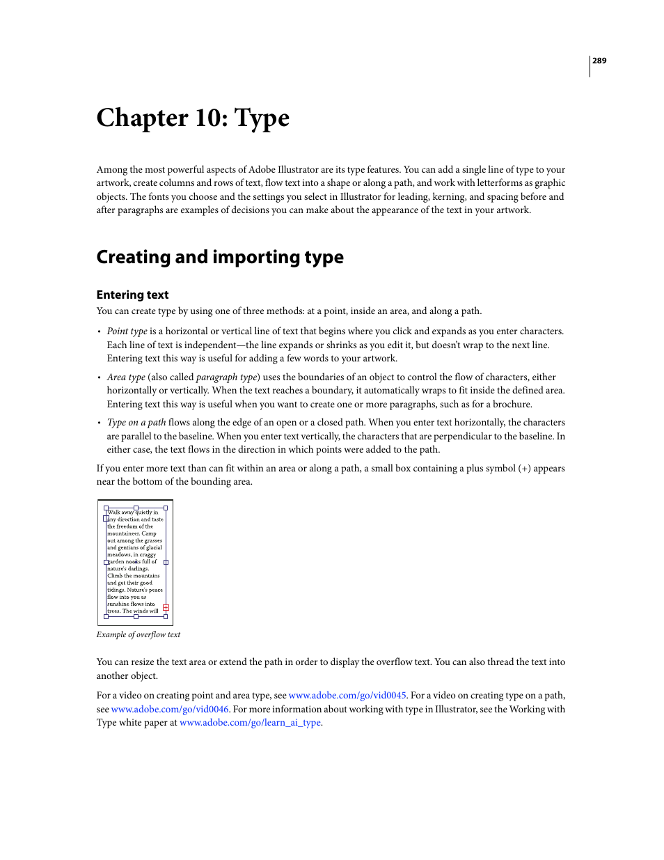 Chapter 10: type, Creating and importing type, Entering text | Adobe Illustrator CS3 User Manual | Page 295 / 495