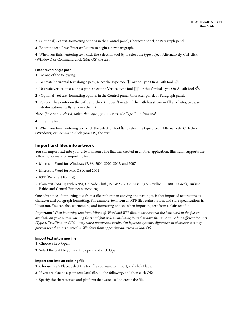 Import text files into artwork | Adobe Illustrator CS3 User Manual | Page 297 / 495