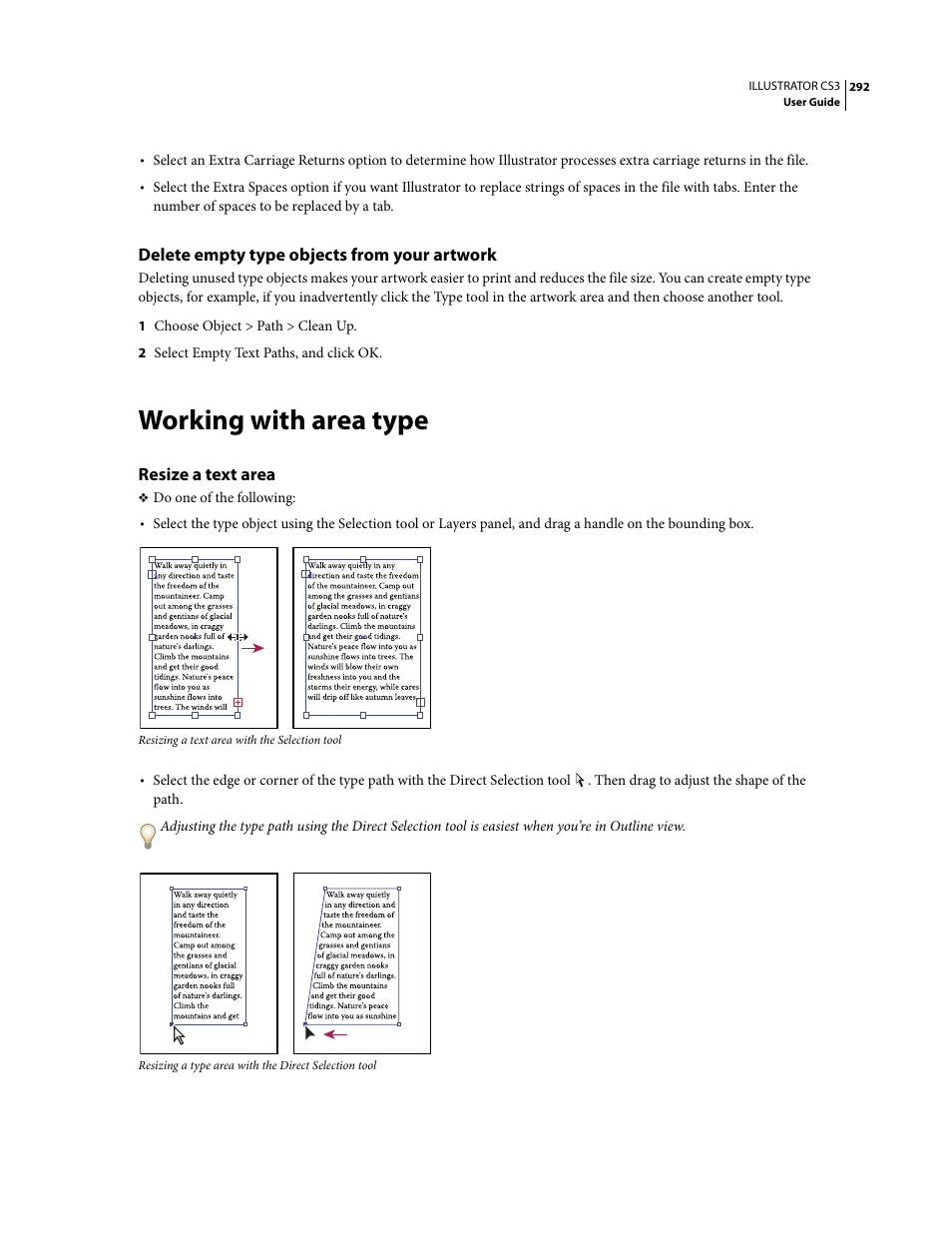 Delete empty type objects from your artwork, Working with area type, Resize a text area | Adobe Illustrator CS3 User Manual | Page 298 / 495