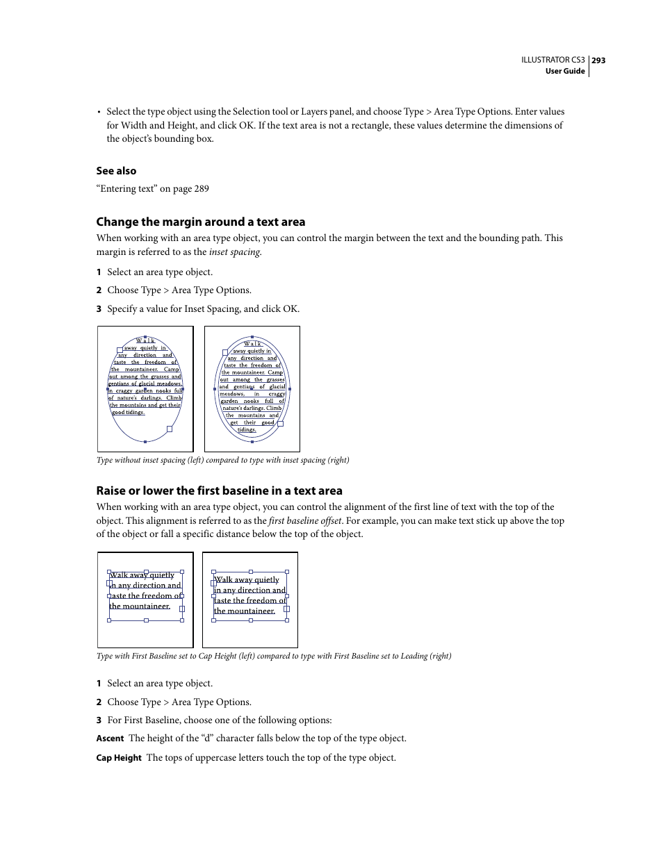 Change the margin around a text area, Raise or lower the first baseline in a text area | Adobe Illustrator CS3 User Manual | Page 299 / 495