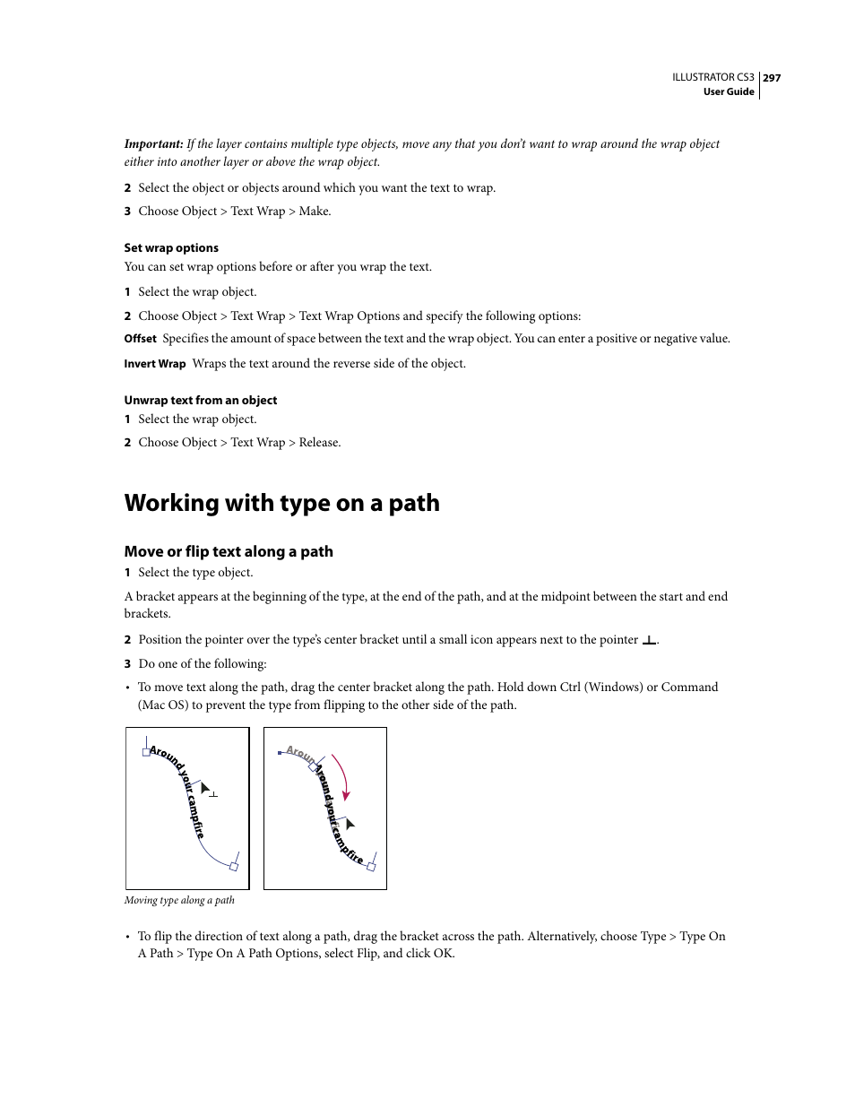 Working with type on a path, Move or flip text along a path | Adobe Illustrator CS3 User Manual | Page 303 / 495