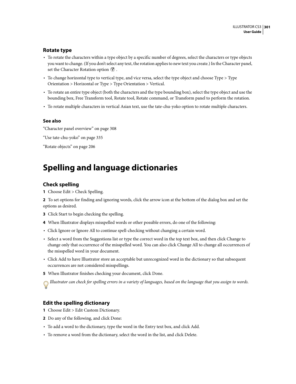 Rotate type, Spelling and language dictionaries, Check spelling | Edit the spelling dictionary | Adobe Illustrator CS3 User Manual | Page 307 / 495