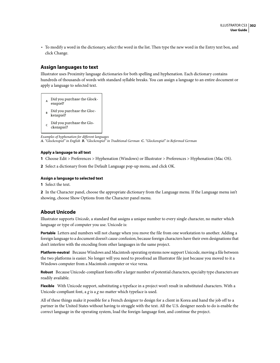 Assign languages to text, About unicode | Adobe Illustrator CS3 User Manual | Page 308 / 495