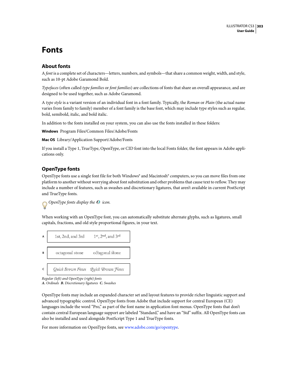 Fonts, About fonts, Opentype fonts | Adobe Illustrator CS3 User Manual | Page 309 / 495